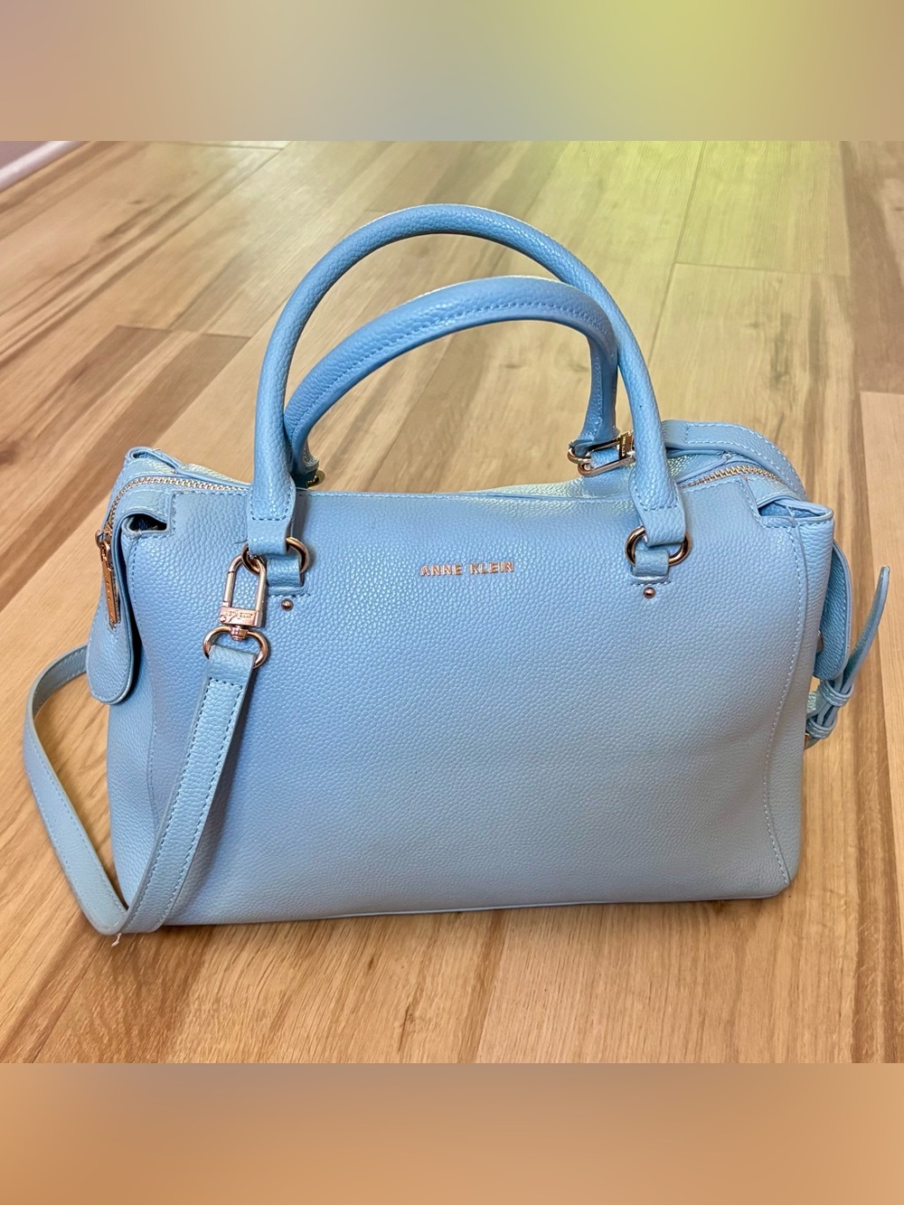 Anne Klein Light Blue Pebbled Leather Satchel with Gold Accents